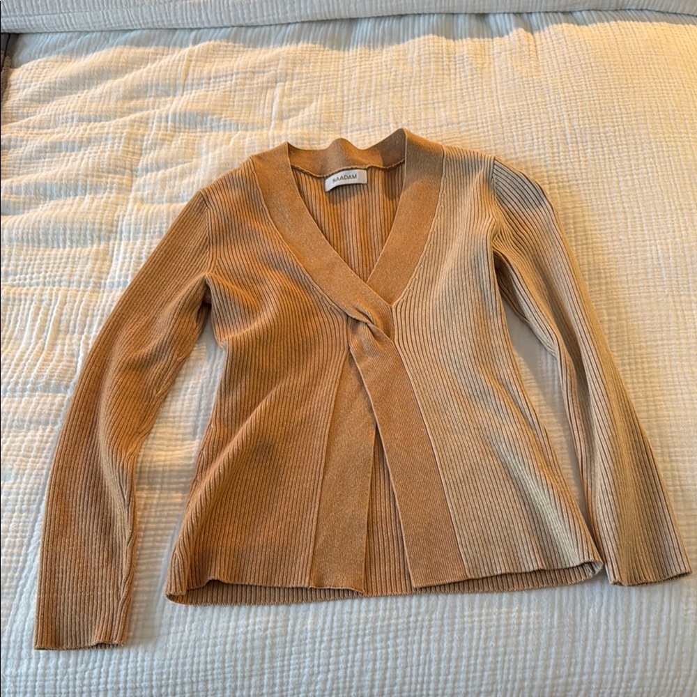 NAADAM Tan V-Neck Sweater with Fitted Silhouette and Soft Knit Material